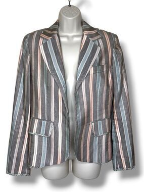 Eye Linen Blend Striped Blazer Jacket Women 8 Gray Pink Blue Open Front Paisley